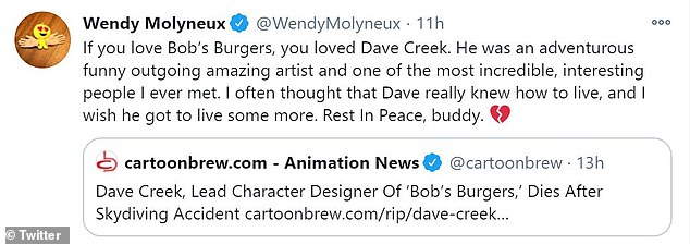 Goodbye: Wendy Molyneux, a writer for Bob's Burgers, expressed her grief over the death of Crick in a tweet Thursday