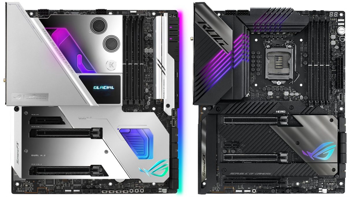 Asus ROG Maximus XIII Extreme Glacial Z590 is next to a non-Glacial Maximus XIII Extreme motherboard.