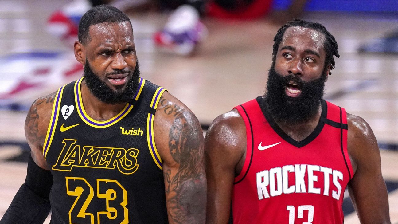 LeBron James laughs at his "reaction" to James Harden's trade