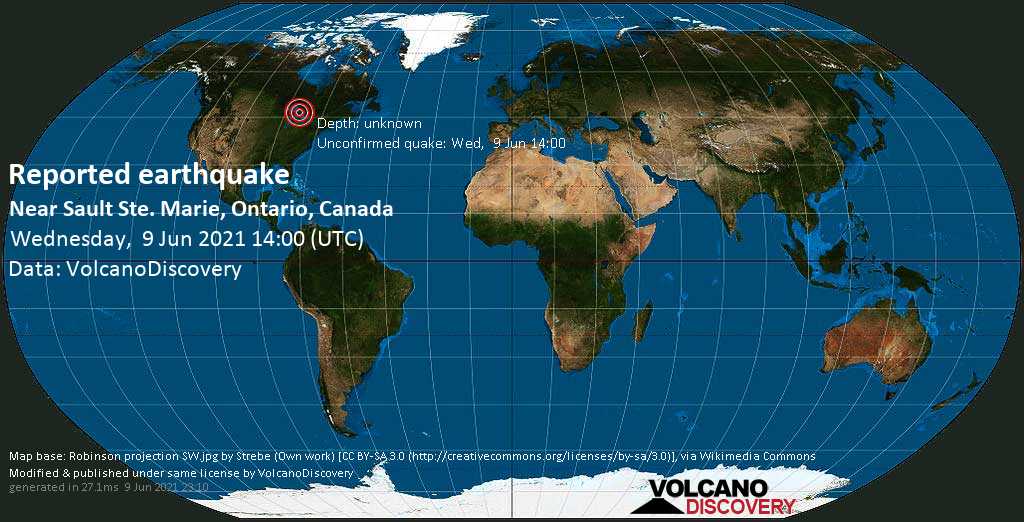 Unbestätigtes Erdbeben: 41 km südöstlich von Sault Ste. Marie, Algoma, Ontario, Kanada, am Mittwoch,  9. Jun 2021 um 14:00 GMT