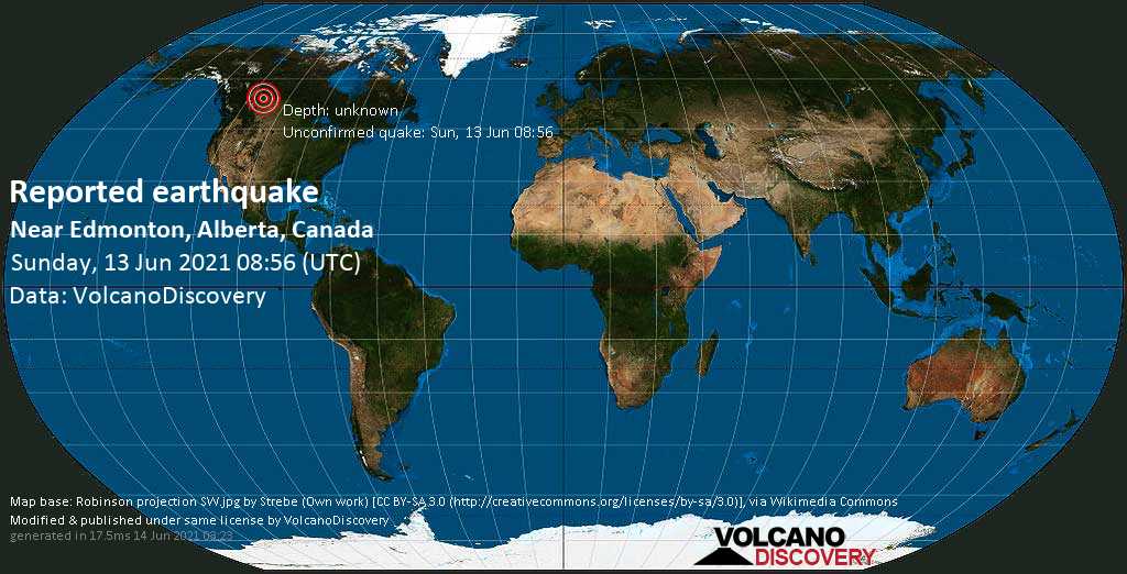 Unbestätigtes Erdbeben: 0.5 km nordwestlich von Edmonton, Alberta, Kanada, am Sonntag, 13. Jun 2021 um 08:56 GMT