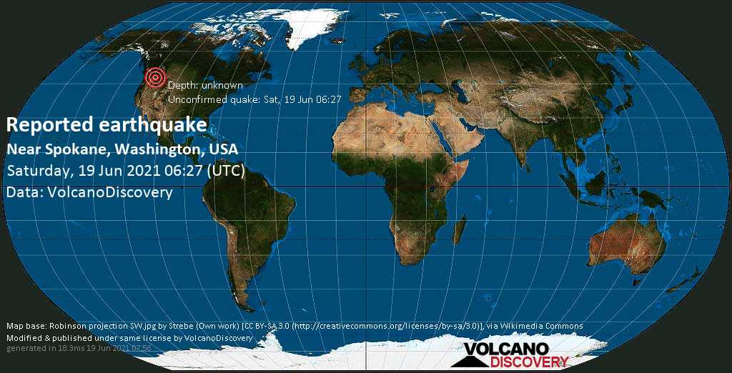 Gemeldetes (unbestätigtes) Erdbeben: 2.3 km südöstlich von Spokane, Washington, USA, am Samstag, 19. Jun 2021 um 06:27 GMT