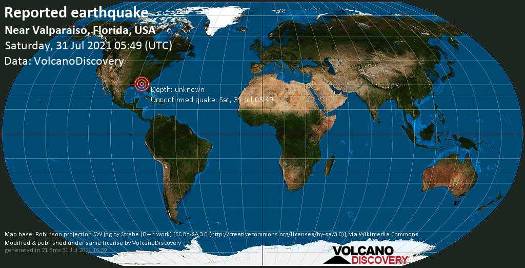 Unbestätigtes Erdbeben: 34 km südöstlich von Valparaiso, Okaloosa County, Florida, USA, am Samstag, 31. Jul 2021 um 05:49 GMT