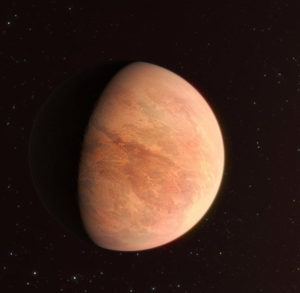 This artist's impression shows L 98-59b, one of the planets in the L 98-59 system, 35 light-years away.  The system contains four confirmed rocky planets with a possible fifth, the furthest from the star, uncertain.  In 2021, astronomers used data from the Echelle Spectrograph for Rocky Exoplanets and Stable Spectroscopic Observations (ESPRESSO) on ESO's VLT to measure the mass of L 98-59b, and found it to be half the mass of Venus.  This makes it the lightest planet so far measured using the radial velocity technique.