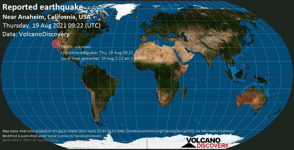 Gemeldetes (unbestätigtes) Erdbeben: 2.6 km südlich von Tustin, Orange County, Kalifornien, USA, am Donnerstag, 19. Aug 2021 um 02:22 Lokalzeit