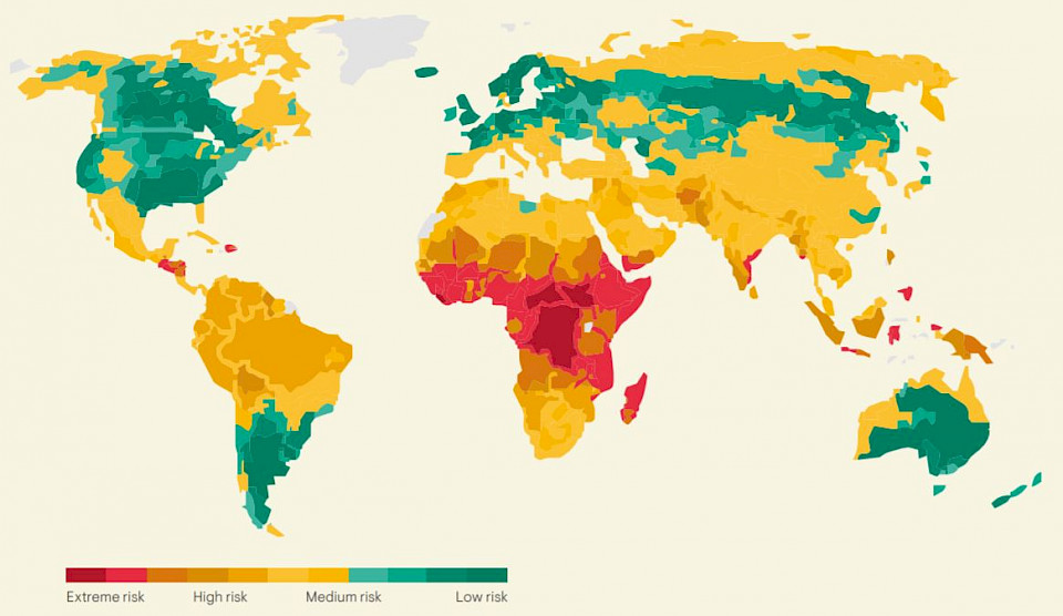 Source: Climate Change Risk Map by Verisk Maplecroft, 2016. Please note that this map has been redrawn by Ninety One.