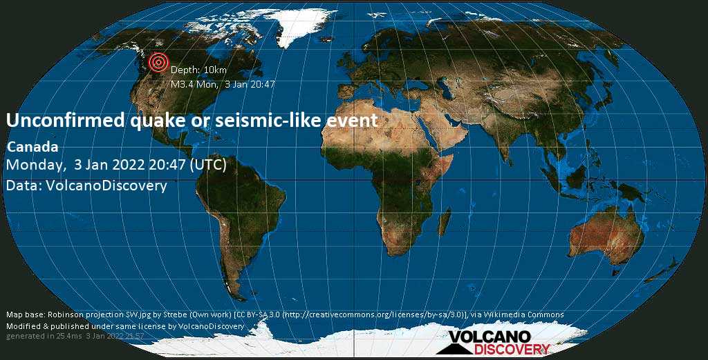 Unbestätigtes Erdbeben oder erdbebenähnliches Ereignis: 271 km westlich von Edmonton, Alberta, Kanada, am Montag,  3. Jan 2022 um 13:48 Lokalzeit