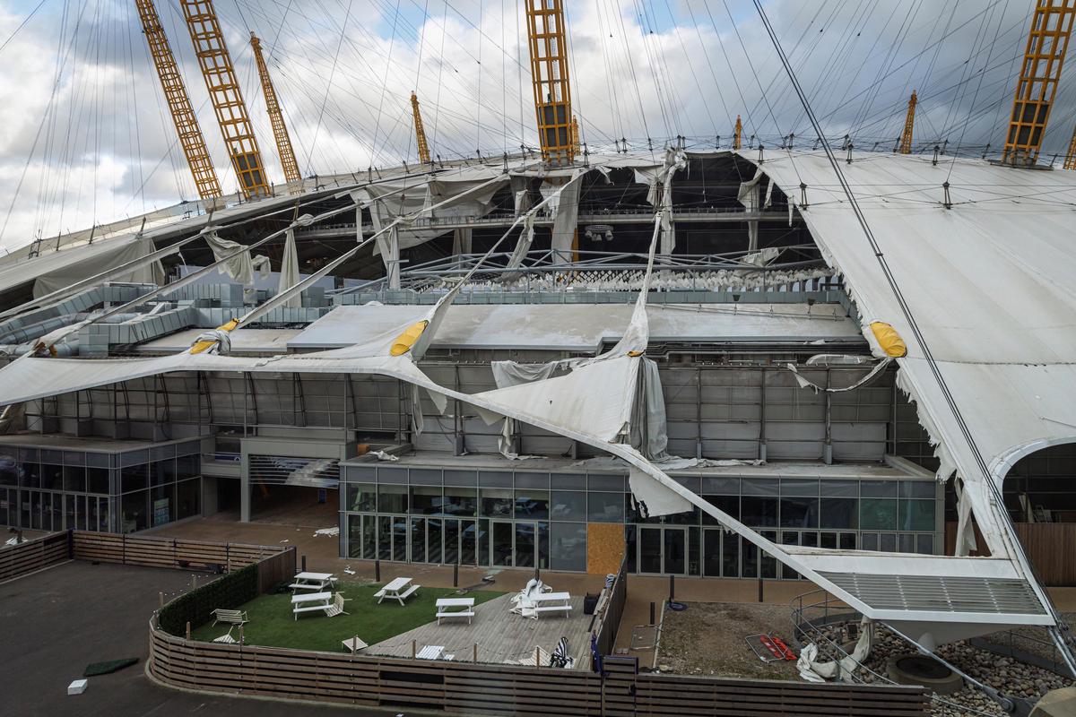 The roof of the O2 Arena in London has been badly damaged.