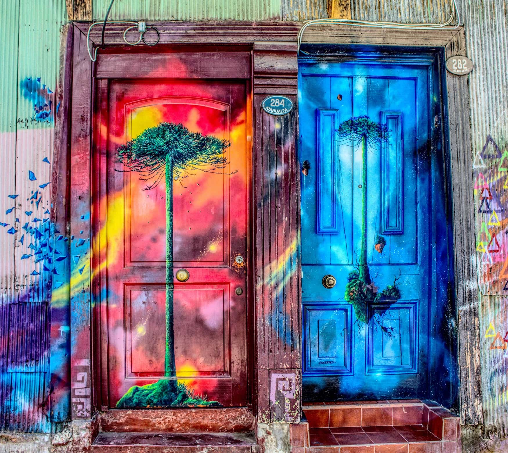 Colorful front doors in a neighborhood of Valparaíso, Chile