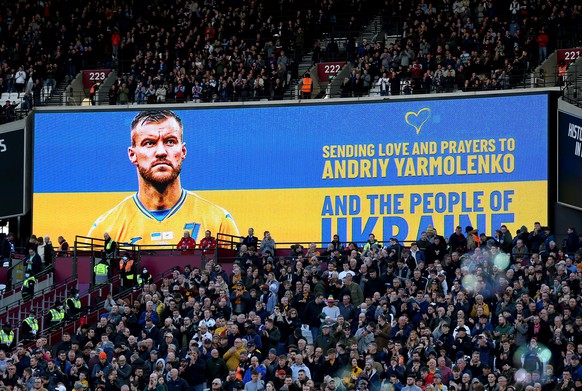 A message in support of Andriy Yarmolenko and the people of Ukraine is displayed ahead of the Premier League match at the London Stadium.