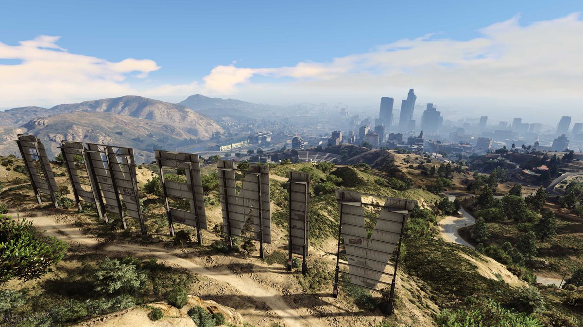 View of Los Santos from behind the Vinewood sign in Grand Theft Auto 5