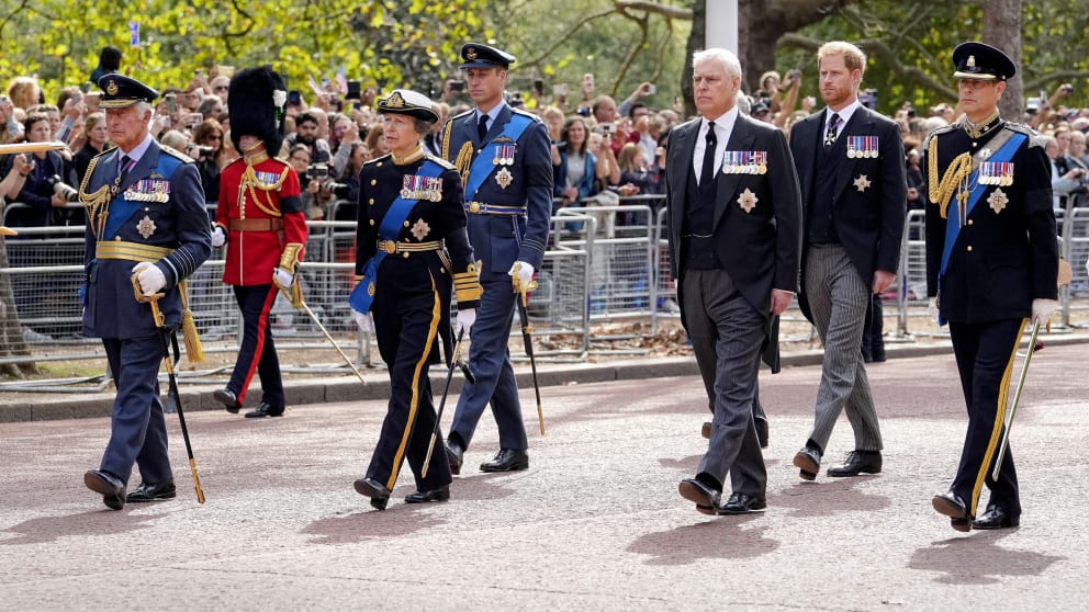 Harry and Andrew were not in uniform for the funeral march to Westminster Hall on Wednesday afternoon as they are no longer part of the working royal family.