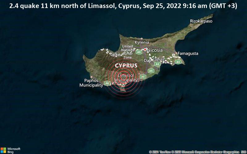 Small earthquake of magnitude 2.4 - 11 km north of Limassol, Lemesos, Cyprus, on Sunday 25 September 2022 at 09:16 local time
