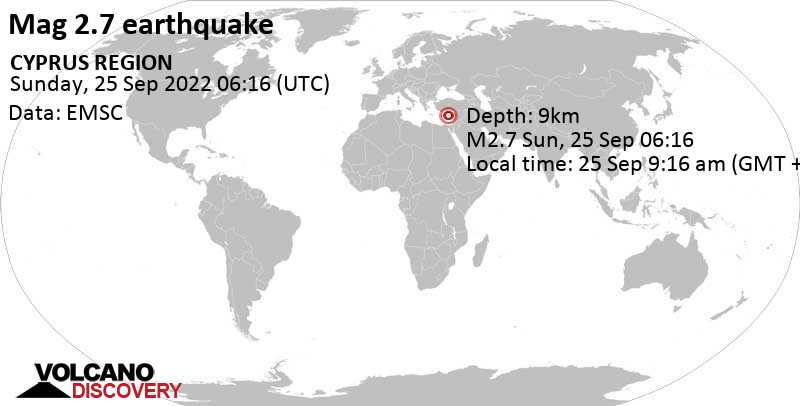 Schwaches Erdbeben Stärke 2.7 - Östliches Mittelmeer, Vereinigtes Königreich, 7.3 km südlich von Limassol, Zypern, am Sonntag, 25. Sep 2022 um 09:16 Lokalzeit